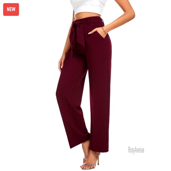 High Waist Wide Leg Pants with Pockets and Belt Stretchy Polyester Blend